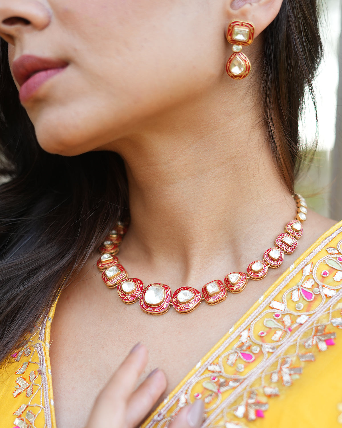 Polki Silver Necklace Set with Red Enamel